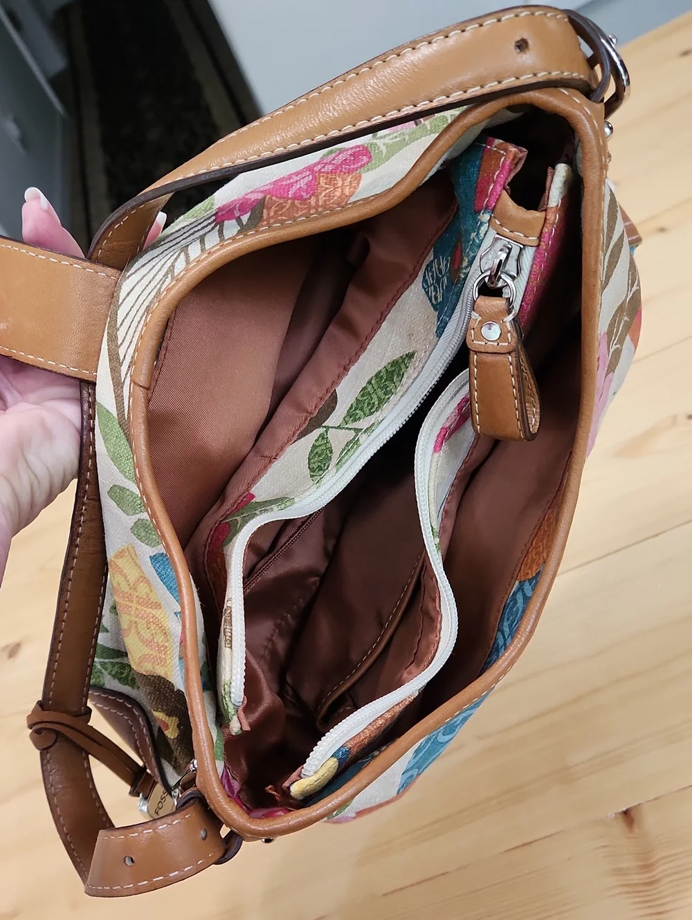 Vintage Fossil Floral Canvas Shoulder Bag Leather Trim Y2k - Picture 14 of 17